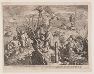 Amerigo Vespucci på sitt skepp, från Americae Retectio (Upptäckten av Amerika)