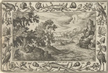Apostel Johannes på Patmos Landskap med bibliska, mytologiska scener och jaktscener (serietitel)
