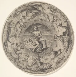 Arion på en delfin omgiven av en gräns dekorerad med havsdjur, från en uppsättning av..., 1580-1600.