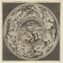 Design för en tallrik med Arion som rider på en delfin i en medaljong kantad av havsmonster..., c1600.