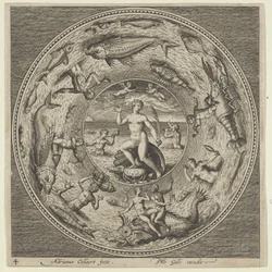 Design för en tallrik med Galatea på ett skal flankerat av trumpetare i en medaljongkant..., c1600.