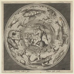 Design för en tallrik med Neptunus i ett skal tecknat av hästar i en medaljong kantad av ..., c1600.