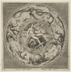 Design för en tallrik med Thetis på ett skal i en medaljong kantad av havsmonster, c1600.