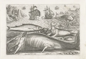 En multe, ett sjölejon och en val på stranden Fiske (serietitel) Piscivm vivae-ikoner (serietitel)