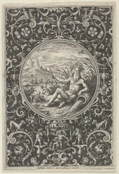 Neptunus i en dekorativ ram med grotesker, från domen i Paris, c1580-1600.