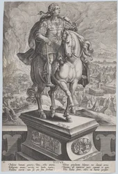 Plåt 11: ryttarstaty av Titus, sedd tre fjärdedelar till höger, Vesuv..., ca. 1587-89.