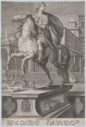 Plåt 12: ryttarstaty av Domitianus, sedd tre fjärdedelar till vänster, med hans ..., ca. 1587-89.