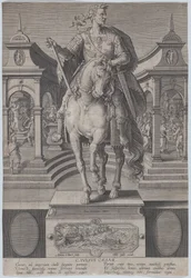 Plåt 1: ryttarstaty av Julius Caesar, sedd framifrån, med en scen av en..., ca. 1587-89.