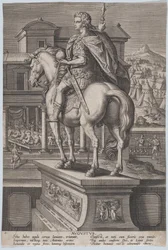 Tavla 2: ryttarstaty av Augustus, med en jordglob och sedd bakifrån, med ..., ca. 1587-89.
