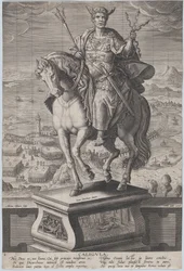 Skylt 4: ryttarstaty av Caligula, sedd tre fjärdedelar till vänster, bär en ..., ca. 1587-89.