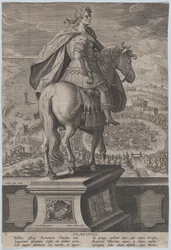 Plåt 5: ryttarstaty av Claudius, sedd bakifrån, en sjötävling vid ri..., ca. 1587-89.