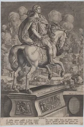 Plåt 6: ryttarstaty av Nero, sedd bakifrån, den stora branden i Rom i..., ca. 1587-89.