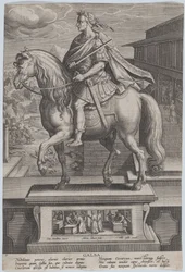 Skylt 7: ryttarstaty av Galba, i profil till vänster, med en halshuggningsscen..., ca. 1587-89.