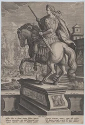 Plåt 8: ryttarstaty av Otho, sedd bakifrån, hans dödsscen i bakgrunden..., ca. 1587-89.