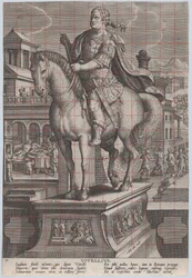 Plåt 9: ryttarstaty av Vitellius, sedd tre fjärdedelar till vänster, med hans ..., ca. 1587-89.