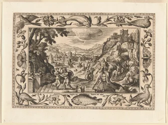 Rebecca och Eliezer vid brunnen, ur Landskap med scener ur Gamla och Nya testamentet samt jaktscener