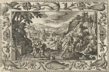 Rebecka och Elieser vid brunnen Landskap med bibliska, mytologiska scener och jaktscener (serietitel)