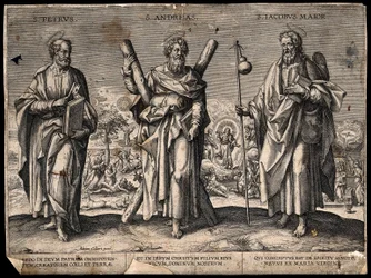 Aposteln Petrus, aposteln Andreas och Jakob den äldre. Gravyr.
