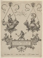 Titelskylt med två hängsmycken ovan och Neptunus stående på en kartusch nedanför, 1582.