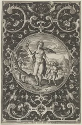 Venus och Amor i en dekorativ ram med grotesker, från domen i Paris..., c1580-1600.