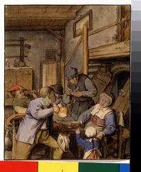 På värdshuset (I en krog). Bönder som röker och dricker vid bordet framför ingången till en källare. Målning av Adriaen Jansz Van Ostade (1610-1685), cirka 1667. Holländsk målning. Pensel, pensel och akvarell på papper. Pushkin-museet, Moskva
