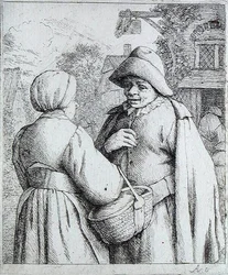 Man och kvinna samtalar (gravyr)