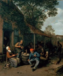 Bönder som röker och festar utanför en krog, 1676