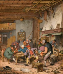 Rum på ett värdshus med bönder som dricker, röker och spelar backgammon - Verk av Adriaen Jansz van Ostade (1610-1685) Penna, krita och akvarell på papper