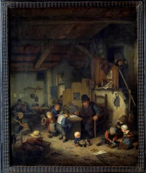 Skolans mästare Scenklass, en gammal lärare med små elever från favoritbakgrund. Målning av Adrien van Ostade (1610-1685) 1662 sön. 0,4x0,32 m