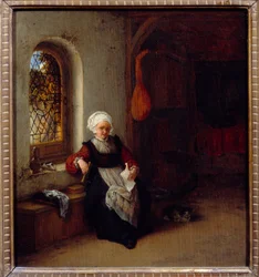 Kvinnan har brevet. Målning av Adrien Van Ostade (1610-1685) Ec. Hol.
