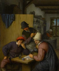 Tre drickande och rökande bönder i en krog, 1666-67