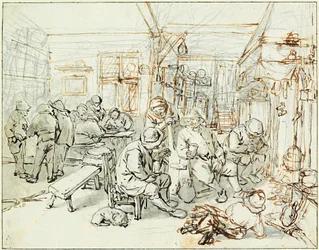 En grupp bönder i en krog (Company of Peasants in a Tavern) - Teckning av Adriaen Jansz van Ostade (1610-1685), penna och indisk tusch på papper, cirka 1675 - Albertina, Wien (Österrike)