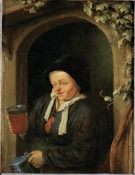 Kvinna vid ett fönster med kanna och ölglas (målning på ek)