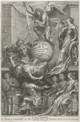 Allegorisk titelsida med nedslagen Envy Titelsida för: C. Hazart, Kerckelycke historie, 1669