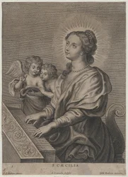 Sankta Cecilia spelar orgel med två putti till vänster, ca. 1654-77.