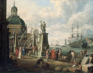 En capriccio av en medelhavshamn med köpmän, ett elegant par på kajen, före en staty av hopp och en barockkyrka, en fyr, en holländsk man-o-war och annan sjöfart bortom, 1700