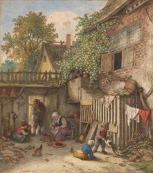 En innergård där en kvinna rensar musslor