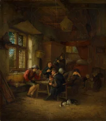 Interiör från en taverna med fem bönder och en kvinna