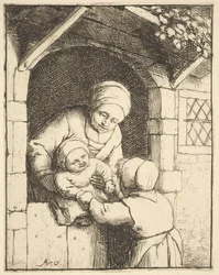 Liten flicka som leker med en bebis i sin mors armar, 1610-85.