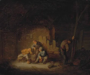 Bönder sitter och dricker i en lada med en hund