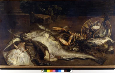 Stilleben av fisk. Målning av Adriaen van Utrecht (1599 - 1652). Milan, CR.