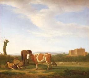 Ett pastoralt landskap med en sovande herde, 1600-talet