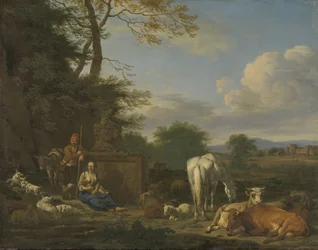 Arkadiskt landskap med vilande herdar och djur, 1664 (olja på duk på panel)