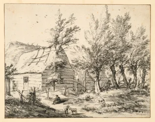 Bondgård bakom en rad hamlade pilar