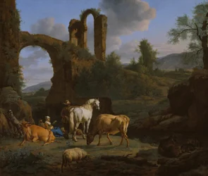 Pastoralt landskap med ruiner, 1664.