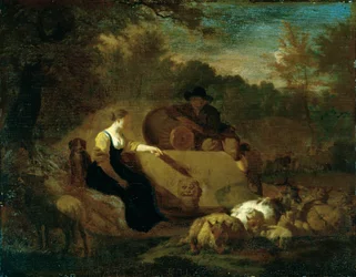 Herde och herdinna med sin hjord vid en brunn