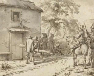 Soldater tvingar fram en dörr, 1669 (penna- och bläckritning)