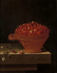 En skål med jordgubbar på en stensockel, 1696