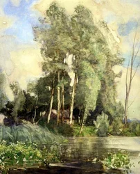 En stuga på en flodstrand (akvarell på papper)