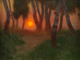 Solnedgång i ett skogslandskap (olja på panel)
